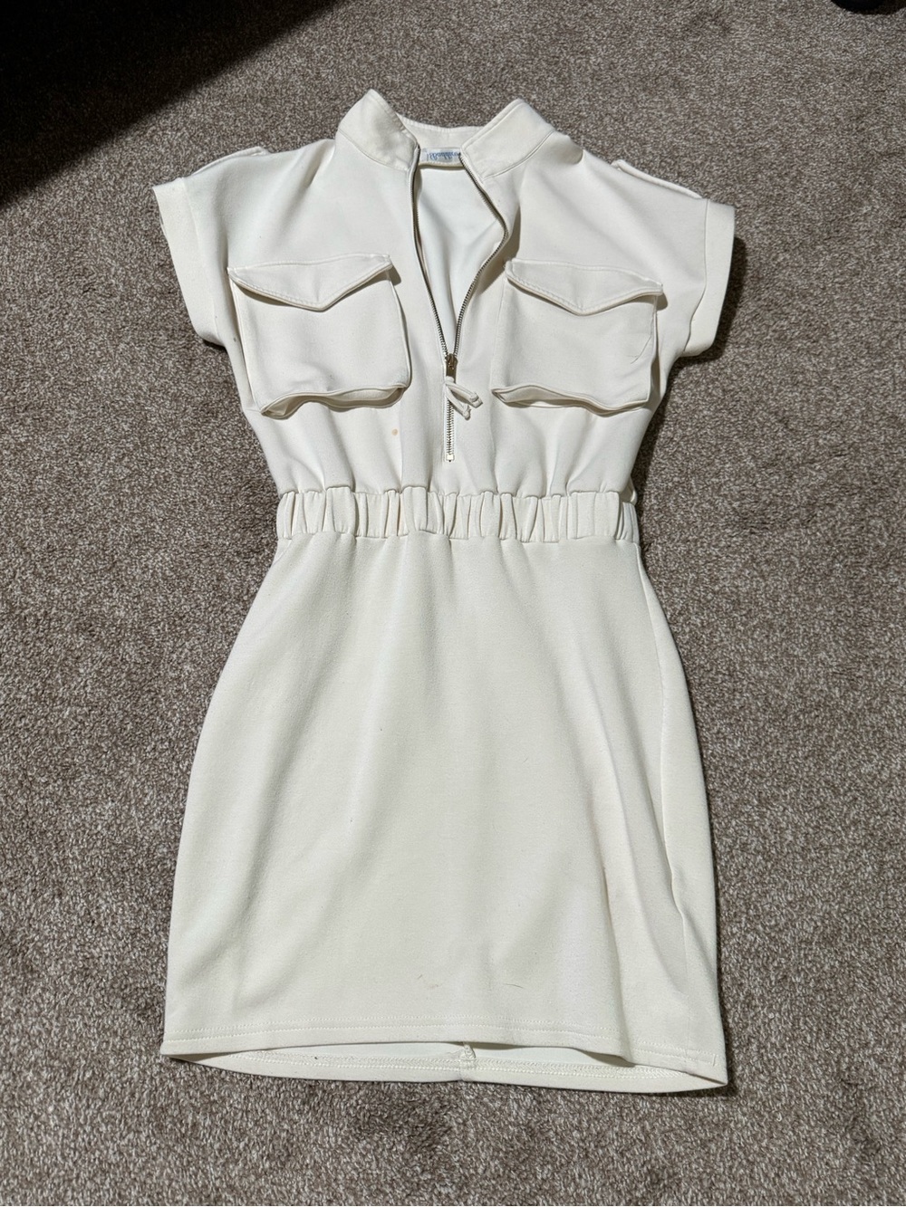 Cream Short Sleeve Utility Dress with Elastic Waist